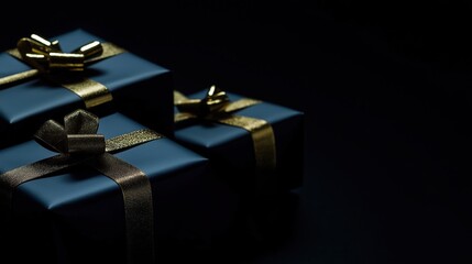 Blue boxes tied with gold ribbon on a black background