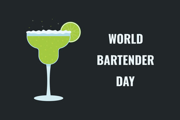 World Bartender Day. Vector banner with a Margartia cocktail. Сocktail glass with lime.