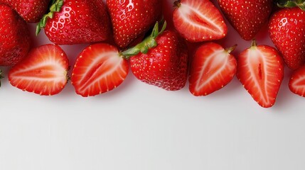 Fresh strawberries with halves arranged on white background.
