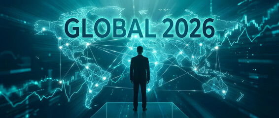 Global 2026 business concept, futuristic digital technology world map, finance economy growth, businessman silhouette, network connection, international trade market, corporate strategy background.