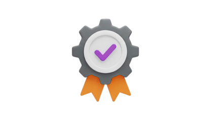 3D Icon of a Gear Badge with a Checkmark and Ribbons