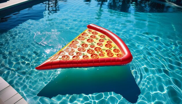 an inflatable mattress in the shape of a pizza slice floats in the clear turquoise water of an outdoor pool on a sunny summer day poolside party