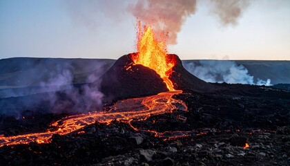 Volcano erupts, spewing molten lava and smoke, at dusk across a barren landscape