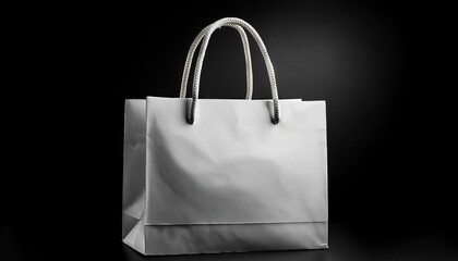 a plain white paper bag with twisted handles isolated against a black background in a studio shot