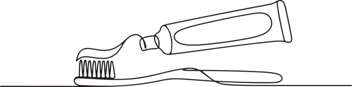 Continuous one line drawing of toothbrush and toothpaste, one line Art icon drawing