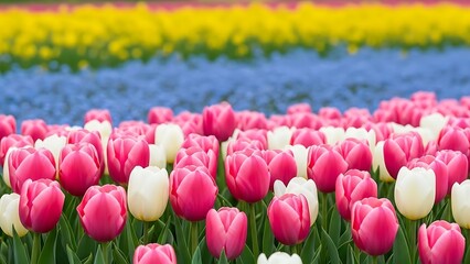 Vibrant tulip field with pink and white blooms