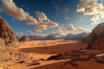 Vast sandy desert landscape under a vibrant sky with scattered clouds at sunset