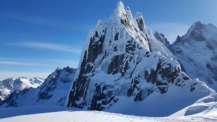 Majestic snow-capped mountains with dramatic ice formations under a clear blue sky.