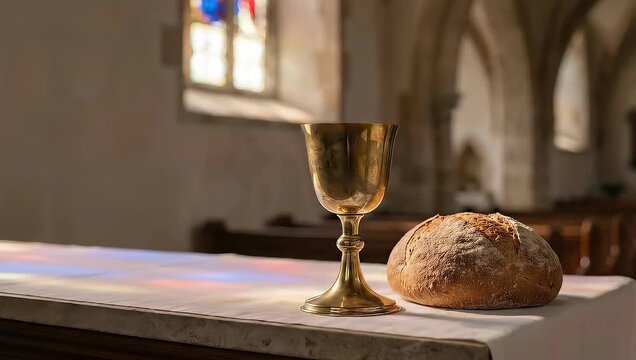 Golden chalice and loaf of bread on altar in a dim church setting  