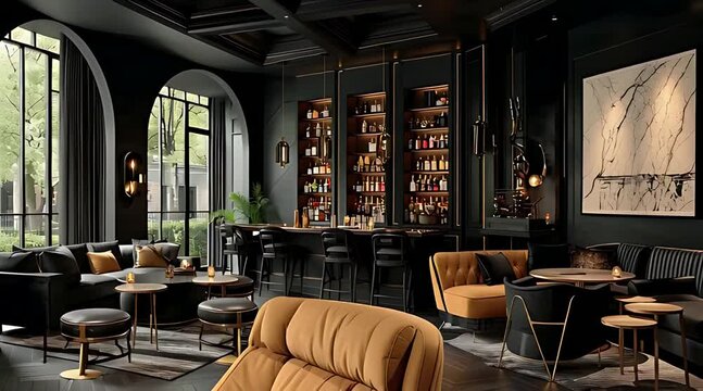 A panning view of a sophisticated and luxurious modern lounge with a dark, moody interior, elegant furniture, arched windows, and an illuminated bar
