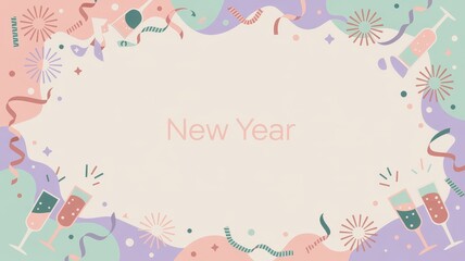 Festive frame with pastel decorative elements including champagne glasses, ribbons, confetti, and fireworks shapes surrounding large central empty area, soft pink, mint, lavender, and beige colors