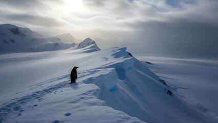A lone figure stands on a snowy mountain ridge with a breathtaking cloudy sky