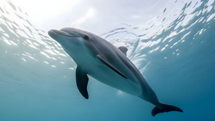 Naklejka premium Dolphin swimming underwater with sunlight filtering through ocean surface