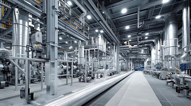 A clean, modern industrial power plant interior with a complex network of stainless steel pipes, valves, and machinery releasing steam during operation