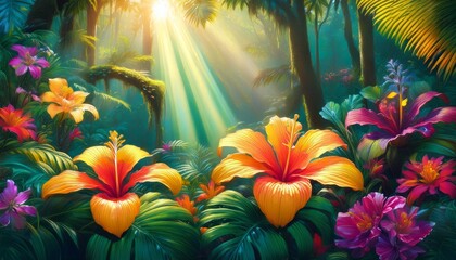 vivid tropical flowers and lush foliage in a tropical rainforest with sunbeams breaking through the canopy vivid flowers