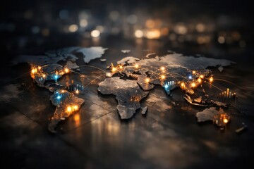 World map with illuminated cities and data visualizations, representing global connectivity.