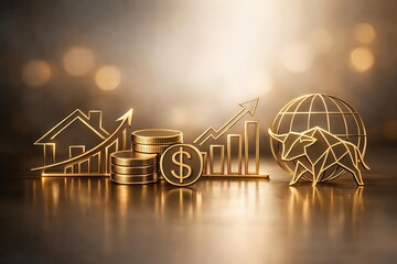 Golden investment icons showing positive trends in housing, stocks, and global markets.