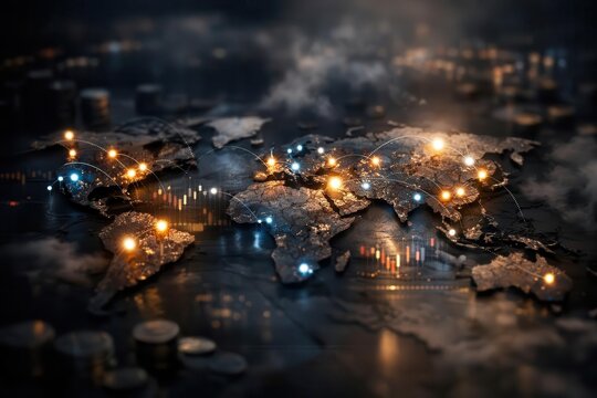 Detailed world map illuminated with connection nodes and financial charts overlay, finance themed. - Powered by Adobe