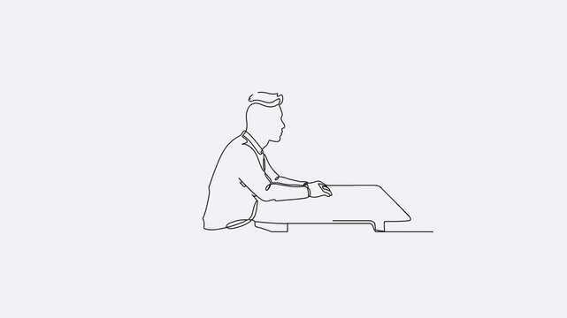 Hand drawn line animation of a person sitting at a table illustrated in clean doodle outline style. Suitable for work, study, and lifestyle animations.