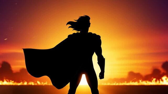 Silhouette of Superhero Standing Valiantly Against Fiery Sunset