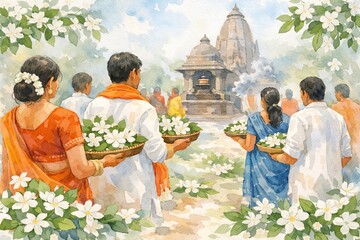 Indian family celebrating maha shivaratri with offerings, flowers, and devotion in front of shiva temple, watercolor illustration, concept of hindu festival and spiritual worship