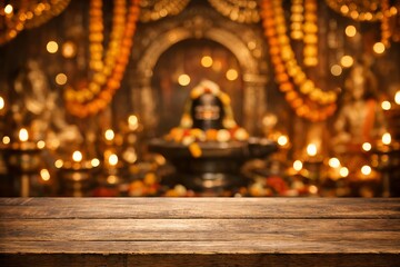 Wooden tabletop with blurred view of decorated Shiva Lingam altar with oil lamps and garlands in Hindu temple. product display, Indian spiritual background, Maha Shivaratri celebration, copy space