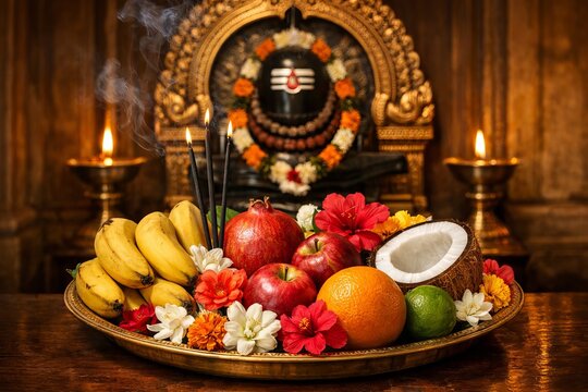 Temple prasad offering with fruits and flowers for maha shivaratri pooja, incense and oil lamps creating sacred atmosphere, featuring coconut and bananas on wooden background