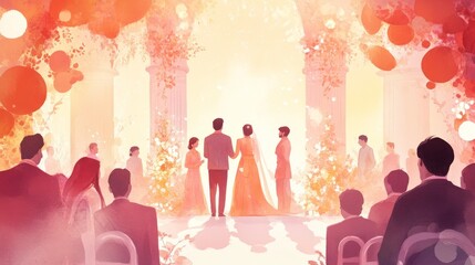 Wedding couple with bridesmaid and best man standing at alter during a romantic ceremony. Watercolor illustration of a loving marriage celebration for invitation card or anniversary.