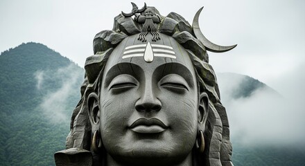Adiyogi Shiva statue with mystical mountains background for Maha Shivaratri. Religious symbolism and spirituality theme for sacred festival.