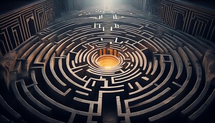 illuminated center of a dark concrete maze labyrinth