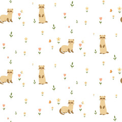 Pattern with cute animals. Spring and ferret.