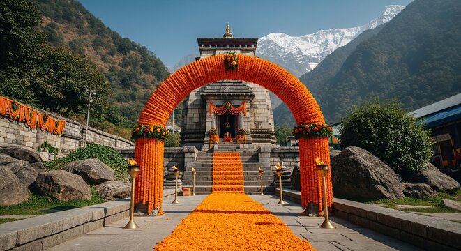 Ancient hindu temple decorated with marigold for Maha Shivaratri. Traditional shiva pujan festival in India with floral archway.