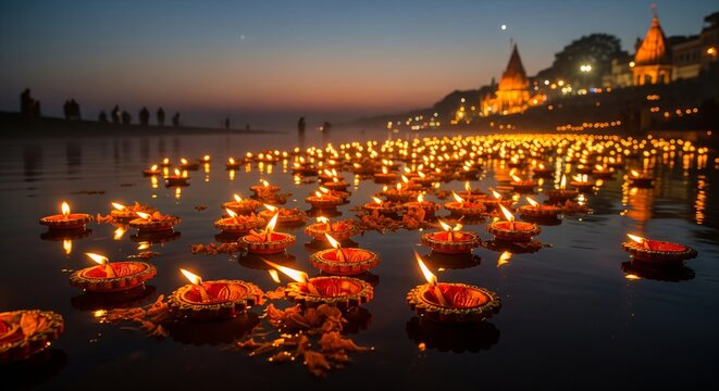 Lit diya lamp floating on water. Evening ritual on the sacred river during a Hindu festival. Maha Shivaratri celebration. Deepawali decoration.