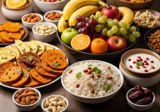 Maha Shivaratri vrat thali for fasting. Traditional Indian religious offering plate with sabudana khichdi, fruits, nuts, and yogurt in a home setting.