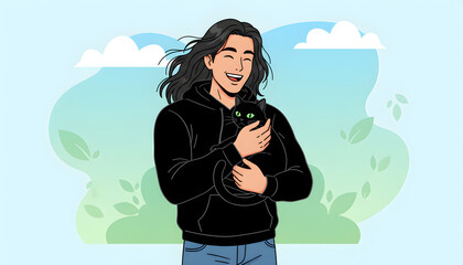 illustration of a happy Korean guy, 20 years old, with dark long hair, wearing a black hoodie, holding a happy black cat in his arms