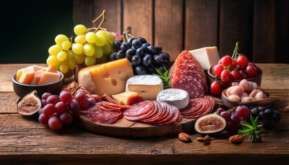 artisan variety of fresh meats cheeses and grapes on wooden table
