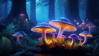 glowing mushrooms in a dark forest at night fungi bioluminescent