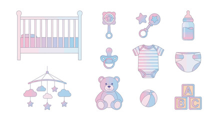 A collection of baby items including a crib, toys, and clothing are arranged neatly on a clean background, viewed from directly above.