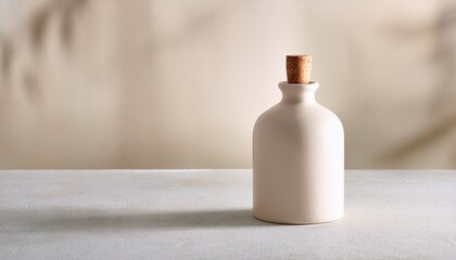 minimalist beige ceramic bottle with wooden cork stopper