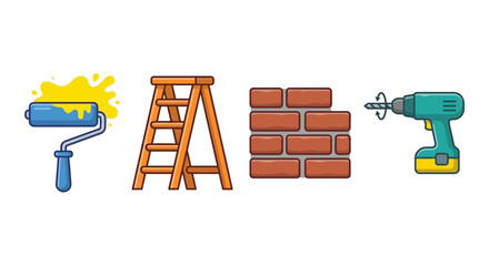 A collection of construction tools and materials including a paint roller, ladder, bricks, and drill on a white background.