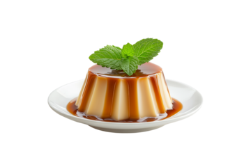 Caramel Custard Pudding with Mint Isolated on Transparent Background