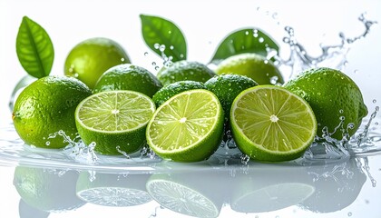 Vivid macro shot of limes with water splashes and green leaves against a white backdrop
