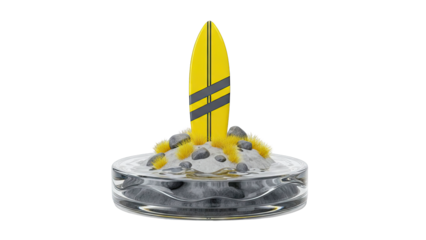 Miniature Island with Surfboard in Water