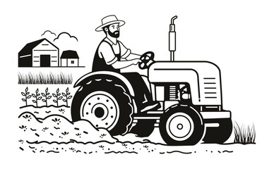 Farmer Driving Tractor on Agricultural Field Vector Illustration