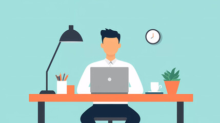 Minimalist flat illustration of a professional man working on a laptop at a modern home desk, with office supplies, lamp, clock, and plant, remote work