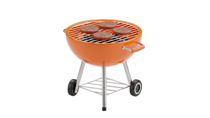 Orange Kettle Grill with Four Burger Patties on Cooking Grate