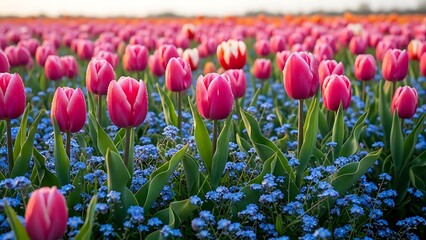 Vibrant tulip field with blue flowers