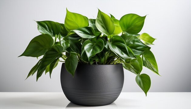 lush green pothos plant with modern dark gray pot against a white background