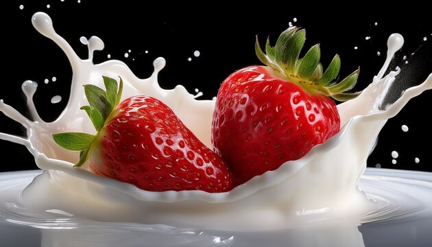 two fresh strawberries splashing in creamy milk against a solid black background - Powered by Adobe
