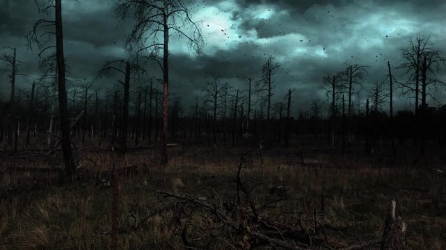 Dark Desolate Forest Ash Falling Lightning 4K features a dead burnt out forest with a dark cloudy sky and lightning with ash falling down.
